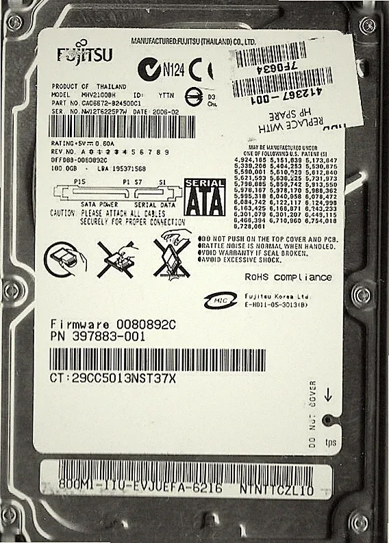 Fujitsu MHV2100BH 100GB Sata Hard Drive P/N: CA06672-B24500C1 F/W: 0080892C
