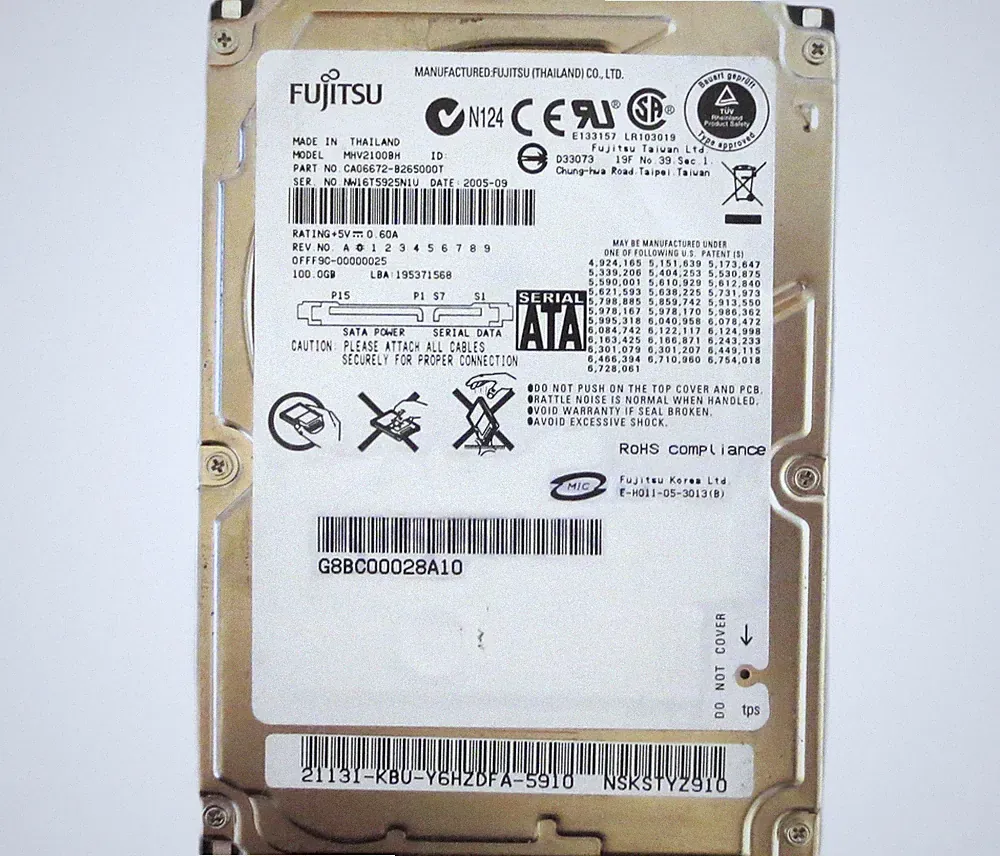 Fujitsu MHV2100BH CA06672-B265000T 0FFF9C-00000025 (NW1) Thailand 100gb 2005-09