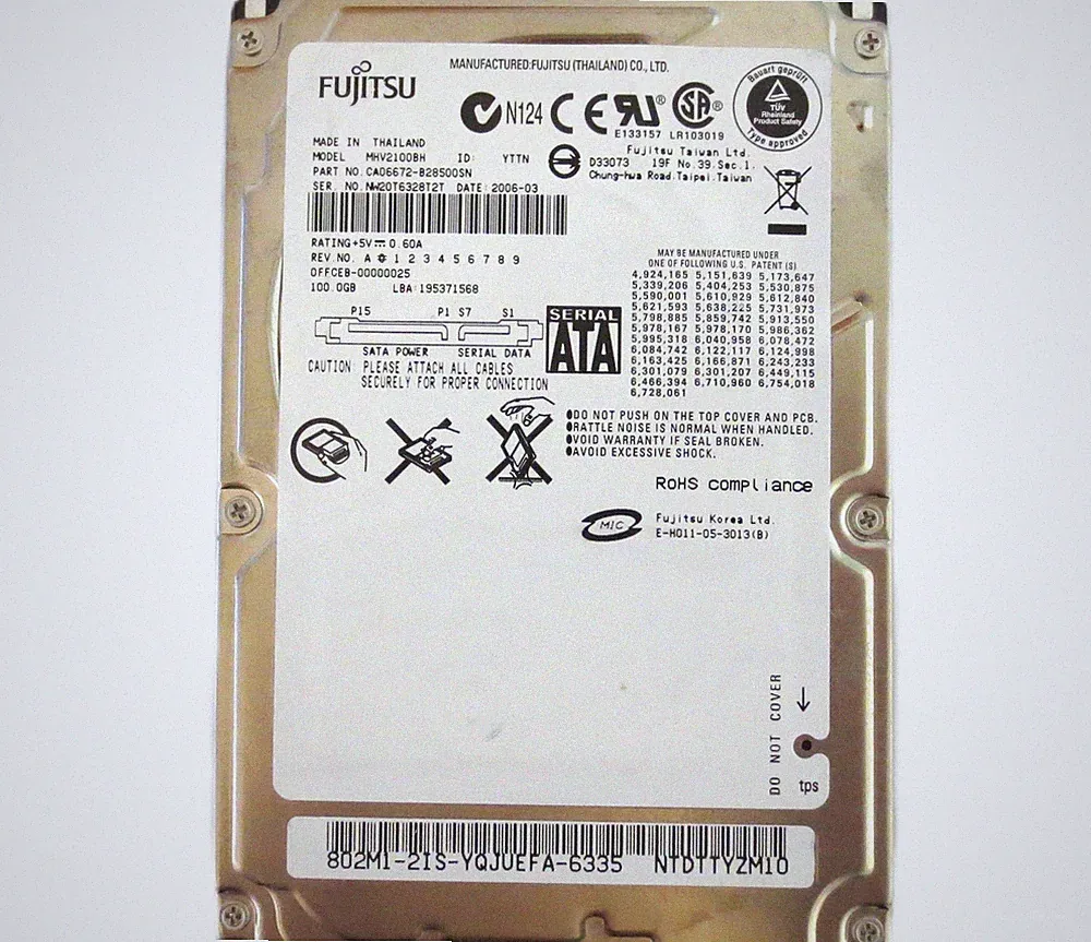 Fujitsu MHV2100BH CA06672-B28500SN 0FFCEB-00000025 (NW2) Thailand 100gb 2006-03